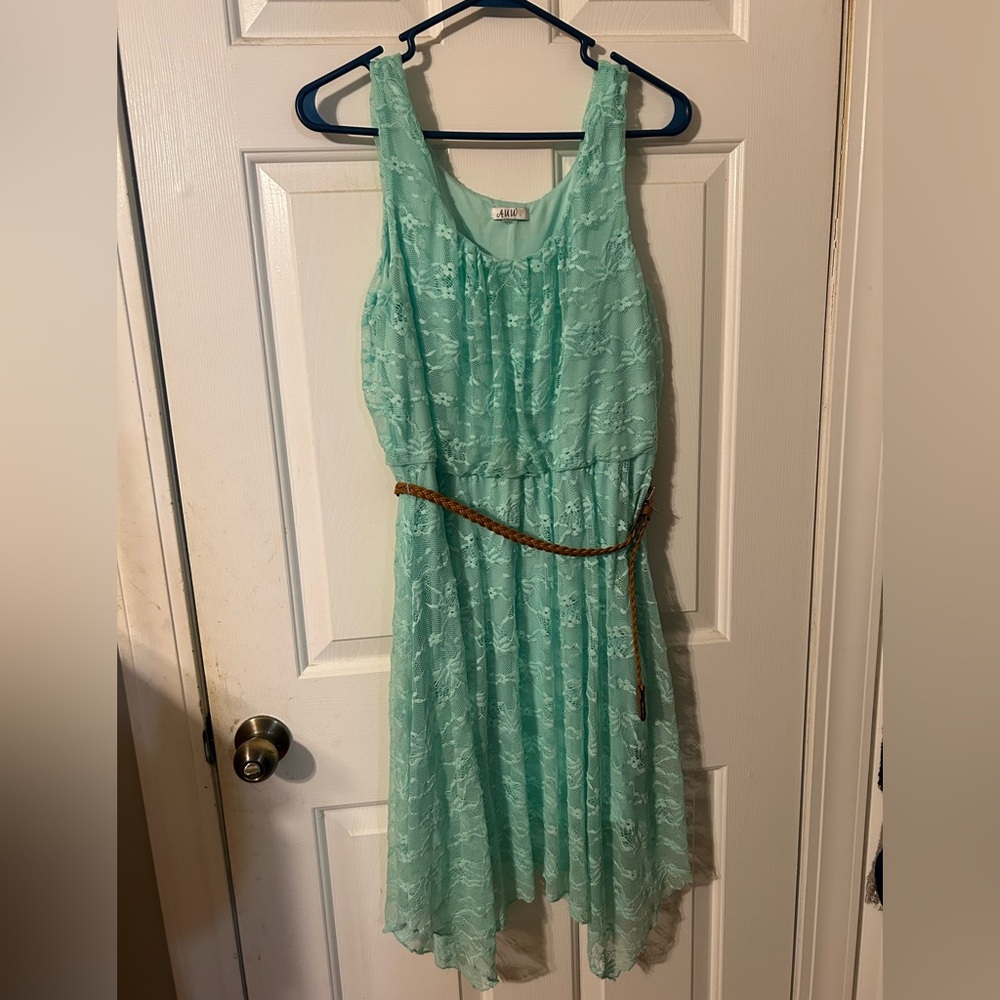 Mint Green Lace Mini Dress with Belt